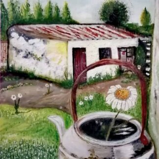 Painting of Daisy Kettle as this is a wee glimpse into my garden which is full of old character……. I found the old kettle in the old shed